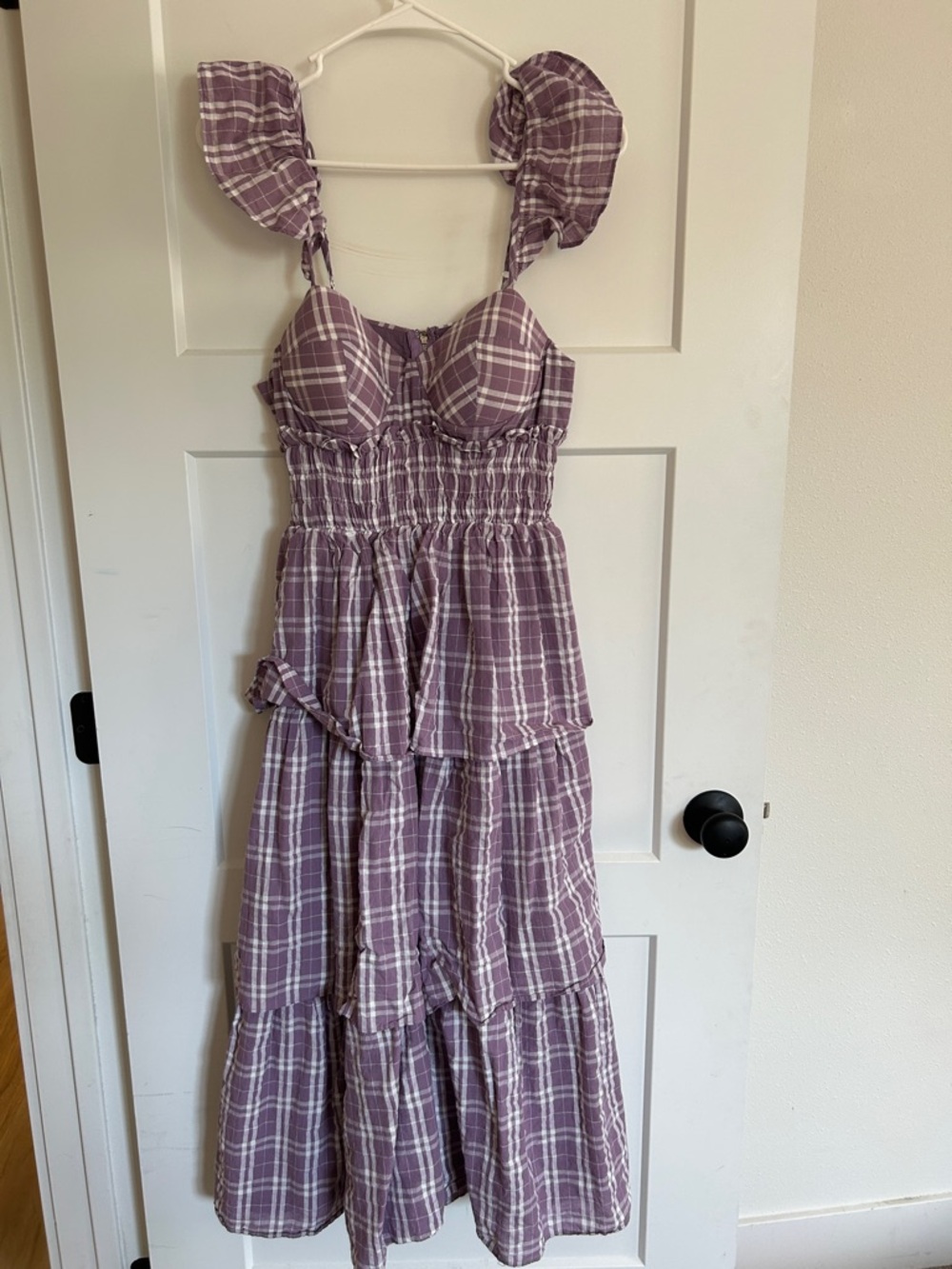 Purple Plaid Tiered Midi Dress with Puff Straps